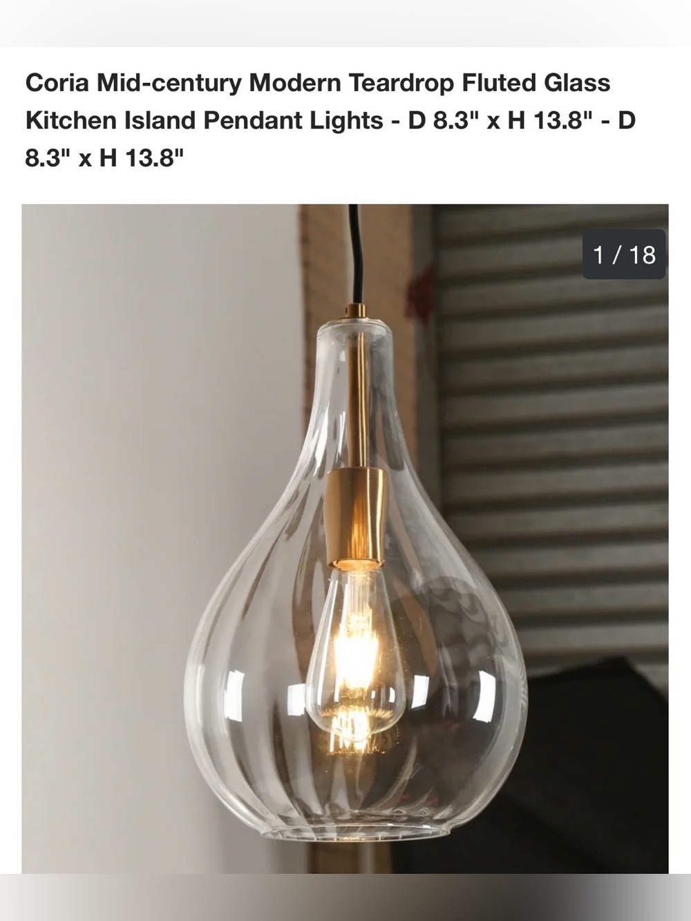 New Coria Clear Teardrop Fluted Glass Pendant Light with Gold Accent